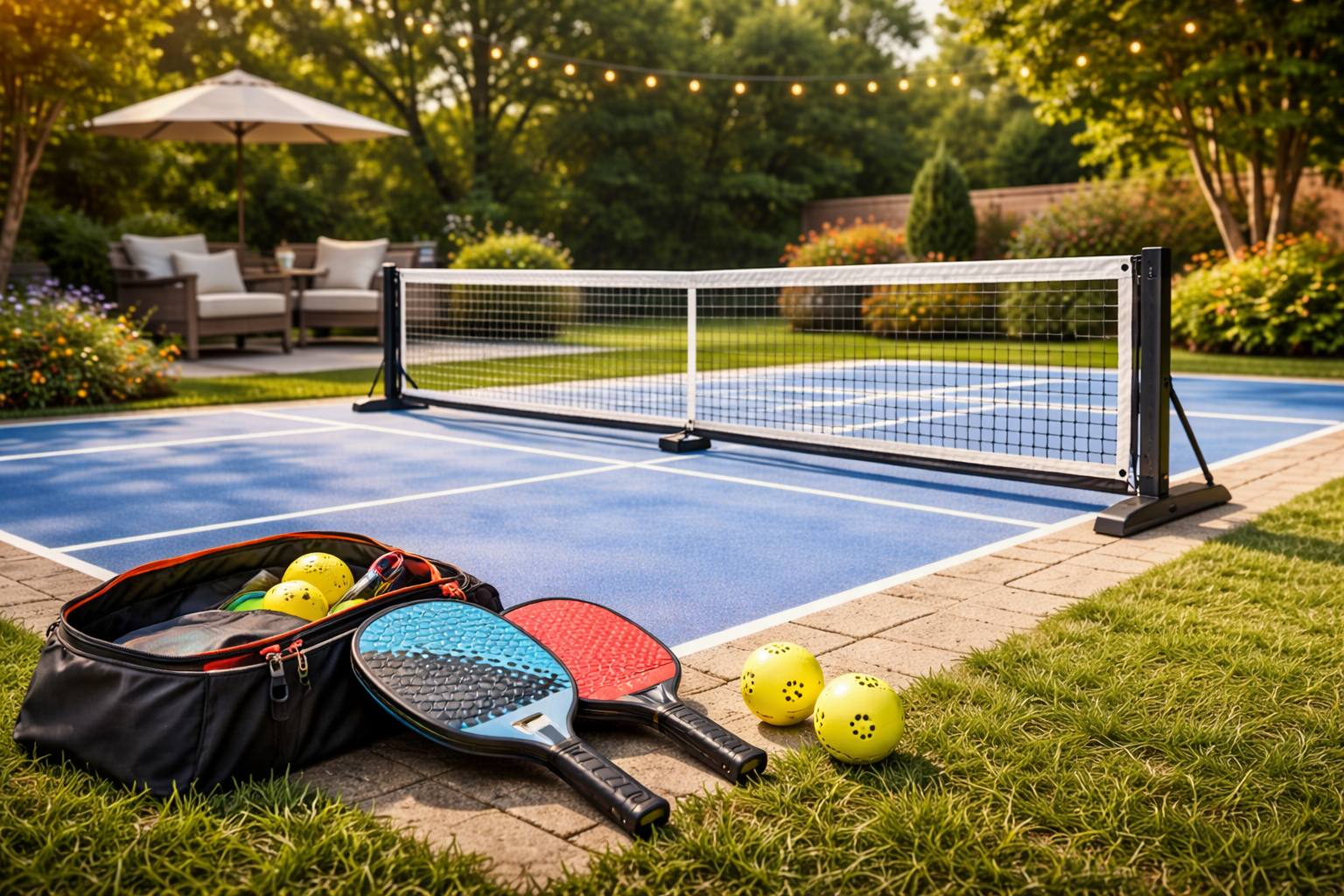 Backyard pickleball court setup with portable net, paddles, and balls on a clean outdoor playing surface surrounded by a landscaped patio and seating area.