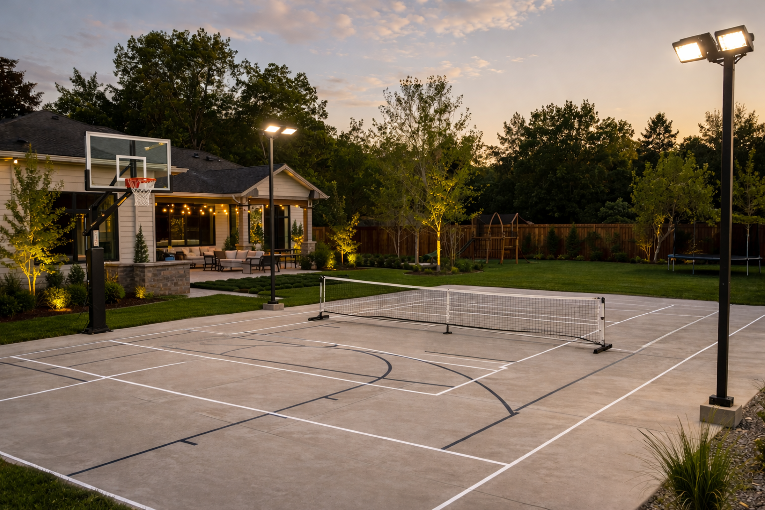 Complete residential backyard sports court with basketball hoop, portable net, LED lighting, and multi-sport court markings