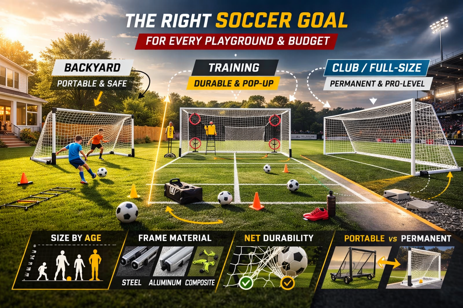 Soccer goal buying guide visual showing backyard, training, and club-level soccer goals on different fields with players practicing, durable frames, nets, and training equipment in a high-quality outdoor composite scene.