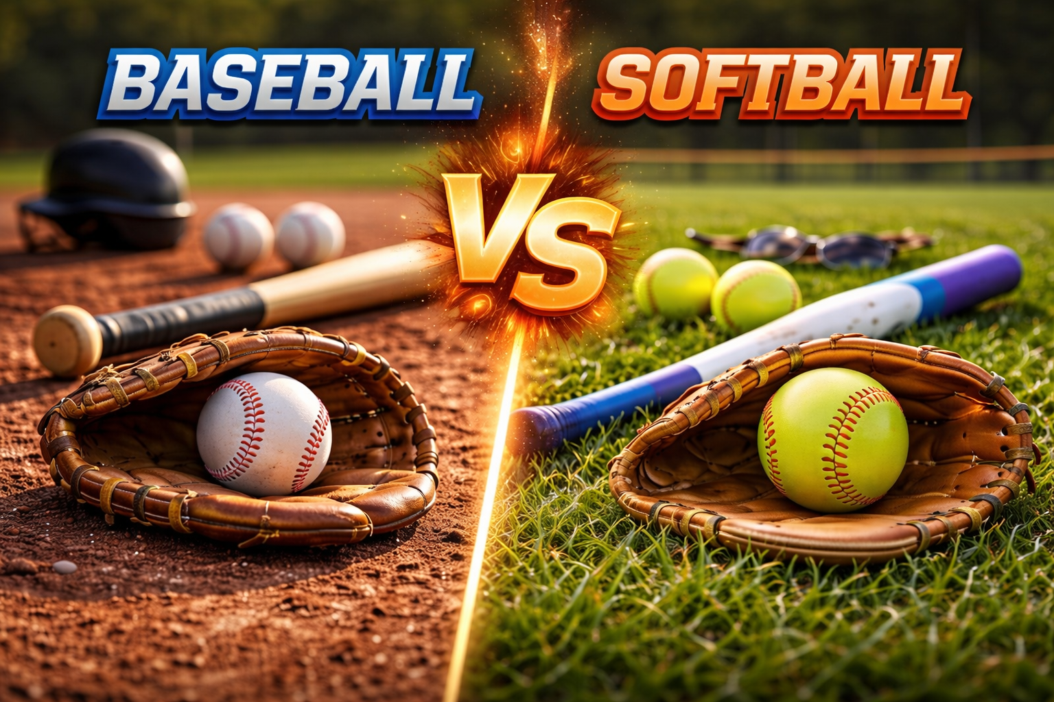 Comparison image showing baseball equipment and softball equipment including bats, gloves, and balls displayed side by side on field surfaces.