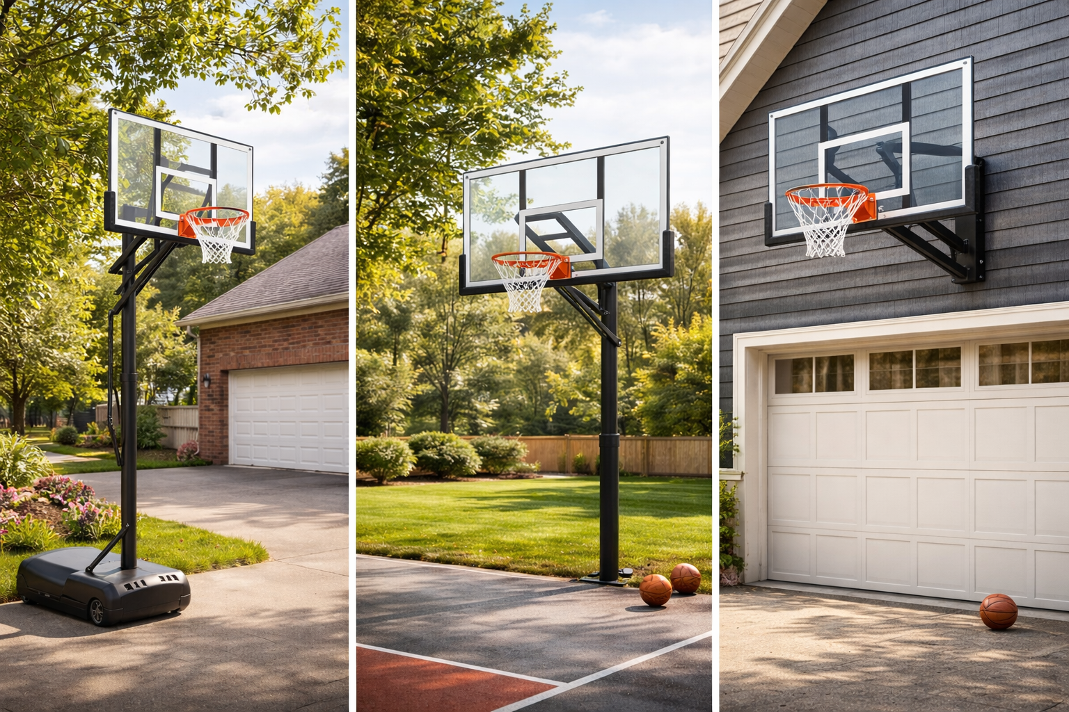 Basketball hoop comparison showing portable, in-ground, and wall-mounted basketball systems installed in residential driveway and backyard settings.