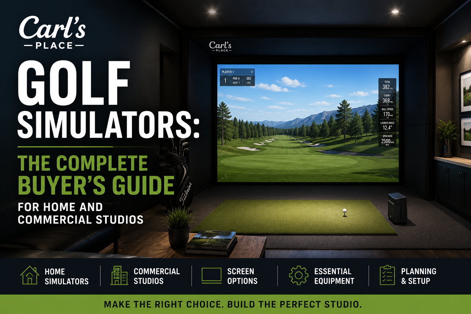 Carl's Place golf simulator installation in a luxury indoor studio with impact screen, golf projection system, hitting mat, and premium enclosure designed for home and commercial golf simulator spaces.