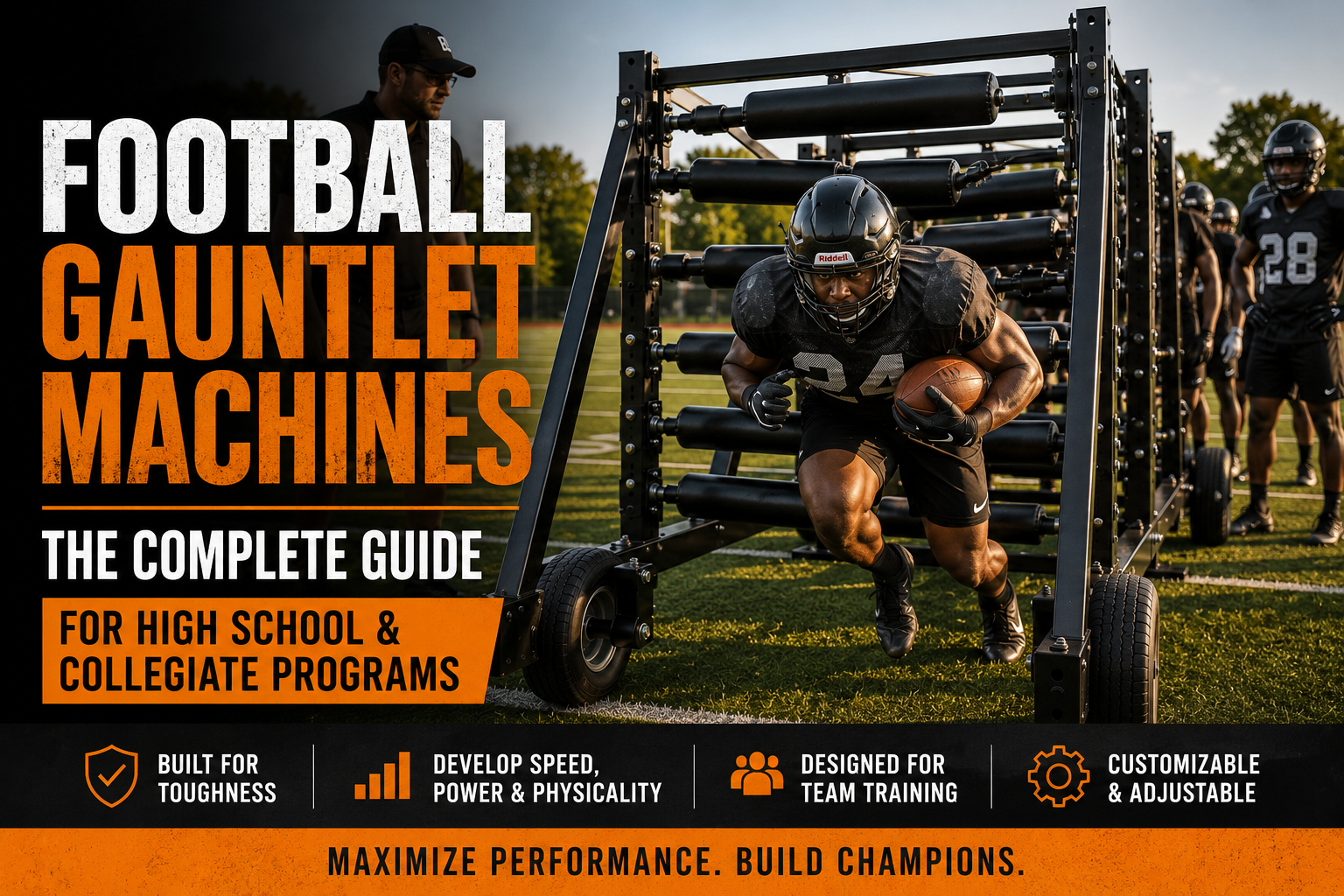Football gauntlet machine in use during a high school practice session with a running back driving through the tunnel, teammates lined up behind, and coaches observing on the field.