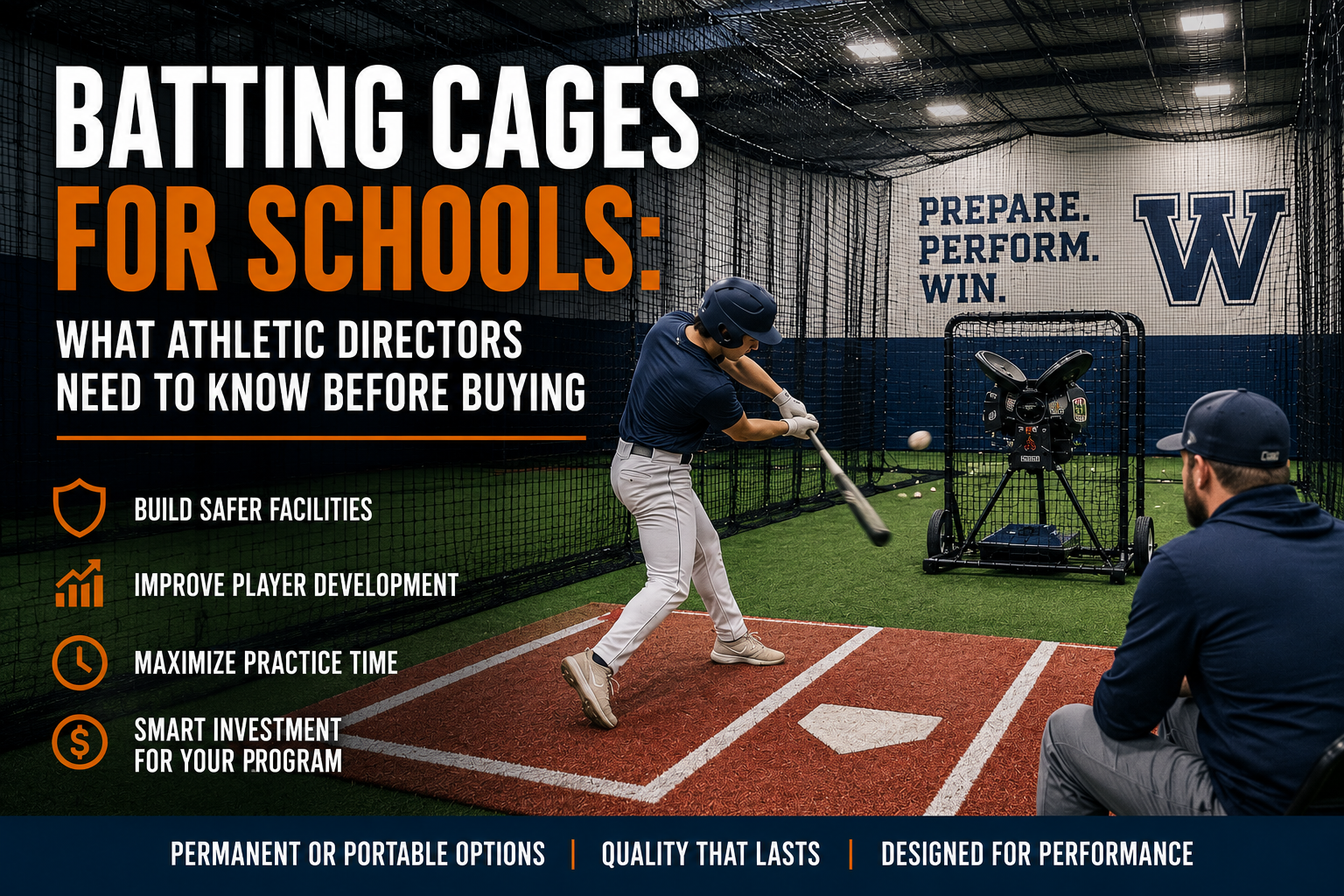 Indoor batting cage system for schools with a pitching machine, hitter in mid-swing, coach supervision, and commercial-grade netting designed for high school and collegiate baseball and softball programs.
