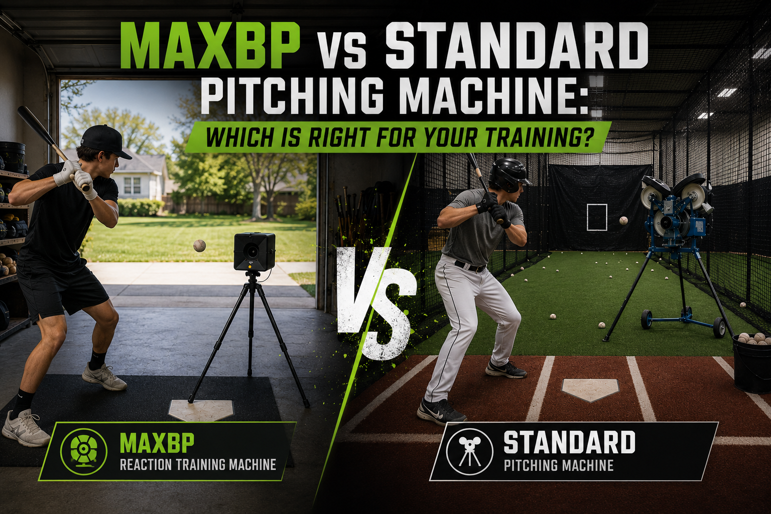 MAXBP reaction training machine versus standard pitching machine comparison showing solo home training in a garage alongside full batting cage practice for baseball and softball players.