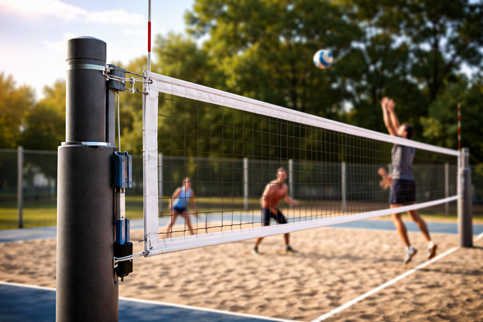 Professional volleyball net system with upright posts, net, and court setup showing stable installation for indoor or outdoor play.