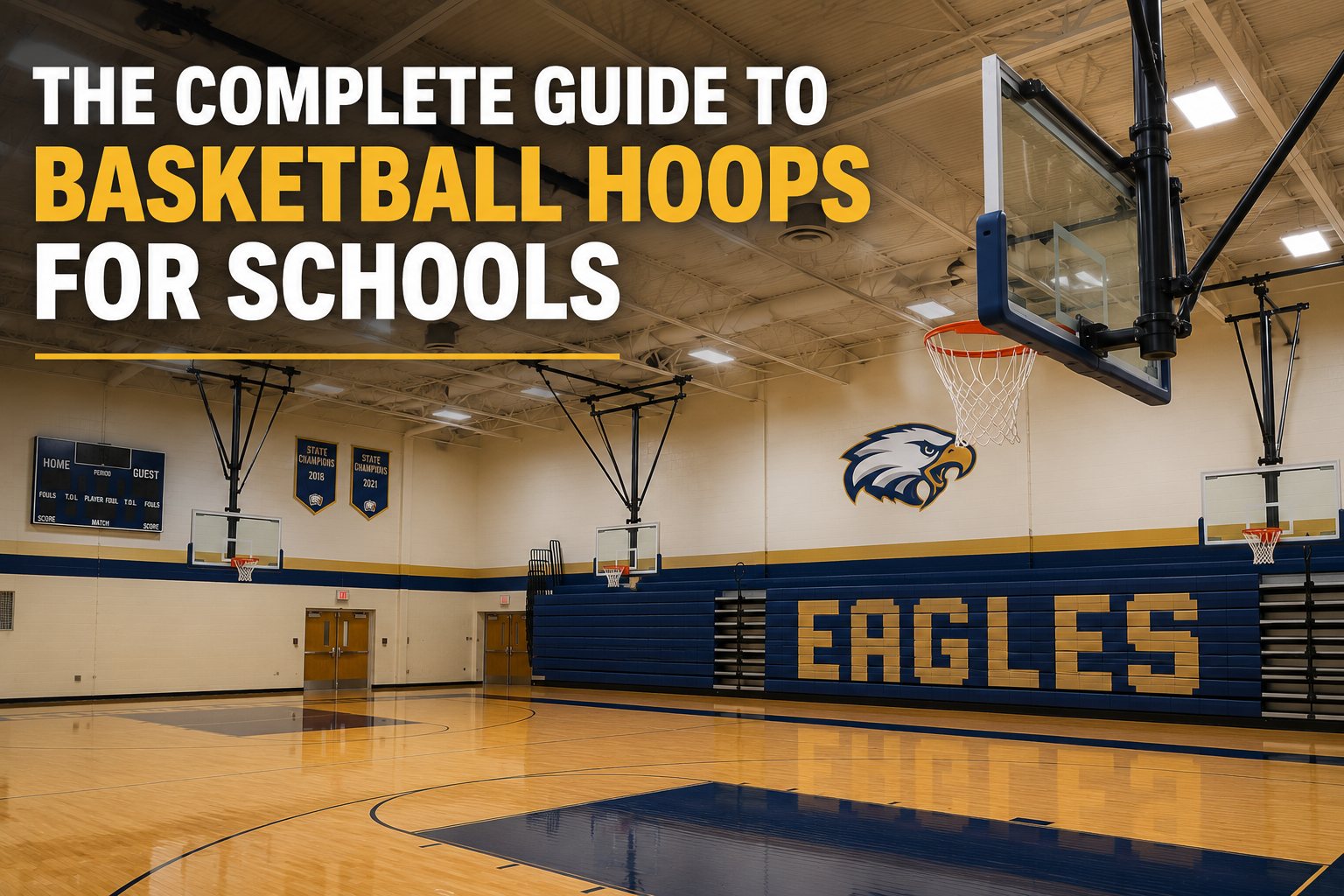 Professional basketball hoops for schools installed in a modern gymnasium with hardwood court, bleachers, and institutional athletic facility setup.