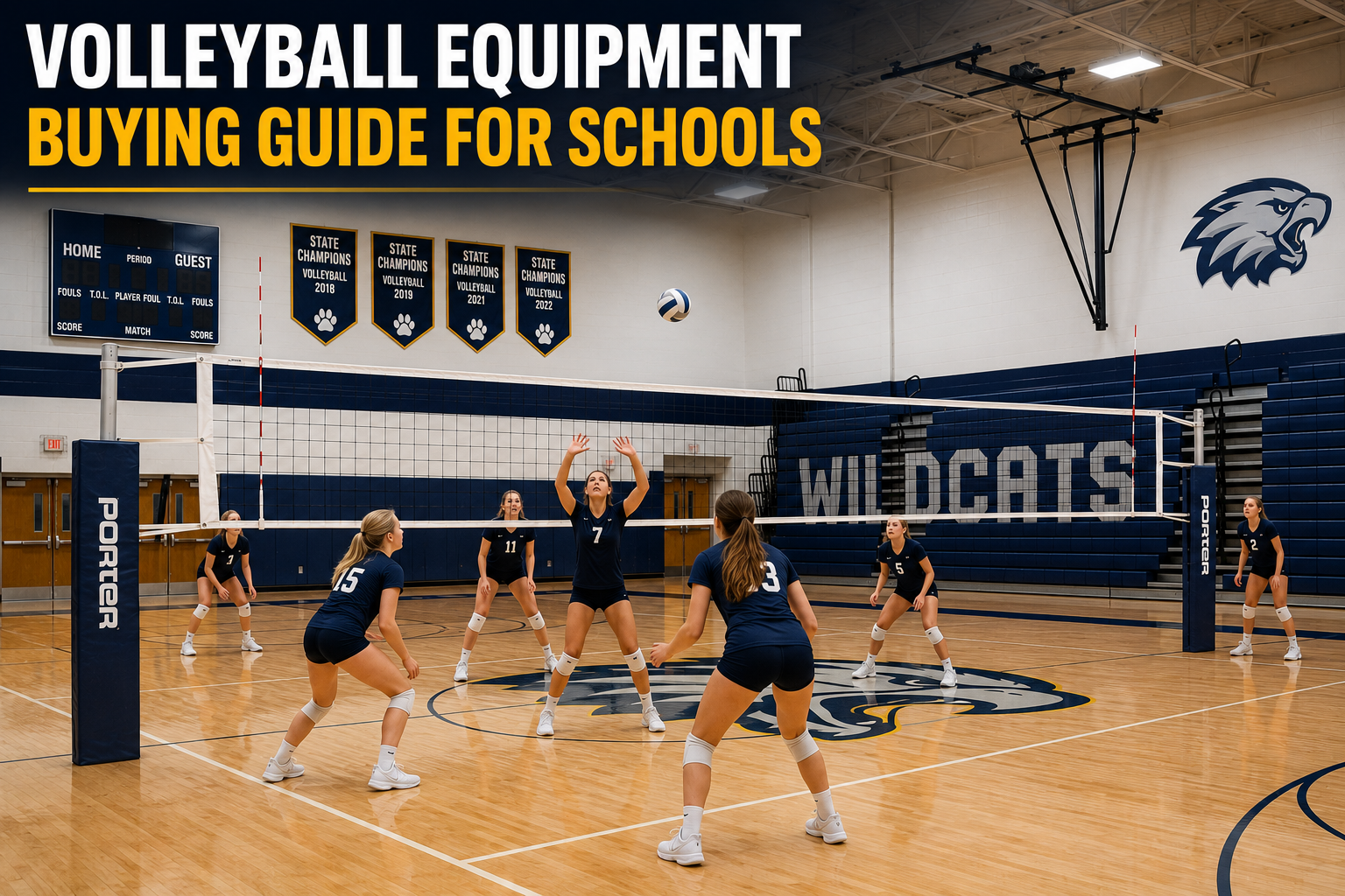Volleyball equipment for schools displayed in a professional gymnasium with regulation net system, hardwood court, and team practice session.
