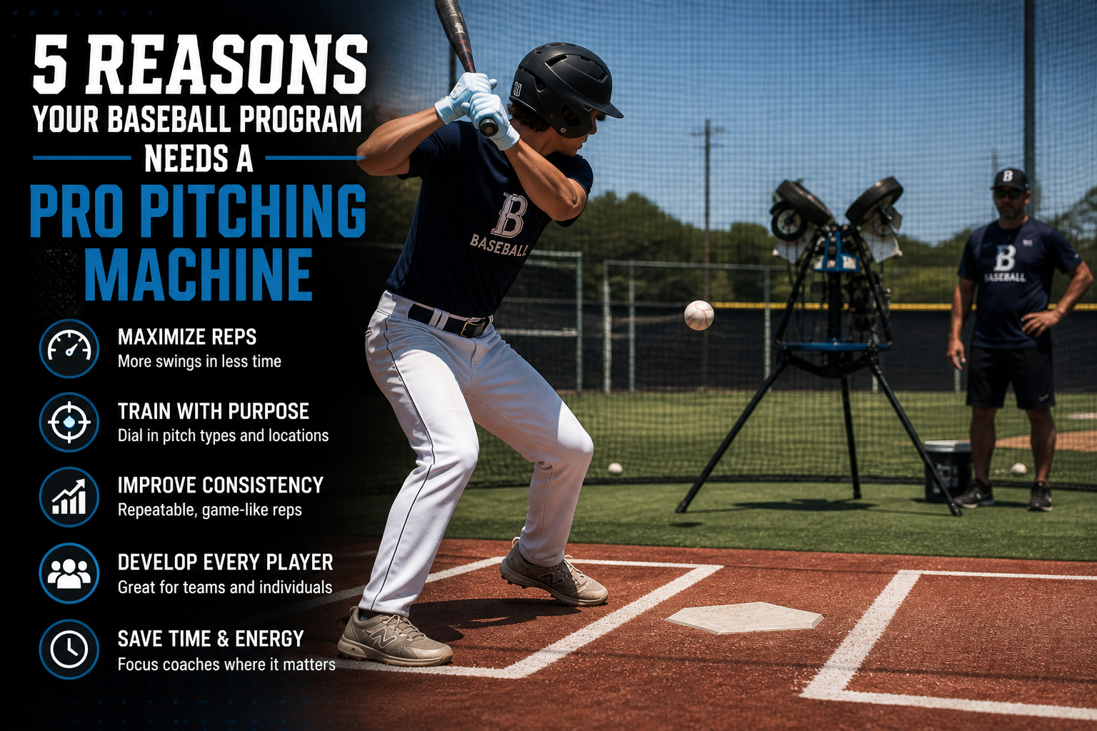 Baseball batting practice with a professional pitching machine and coach observing, showing high-performance training environment.