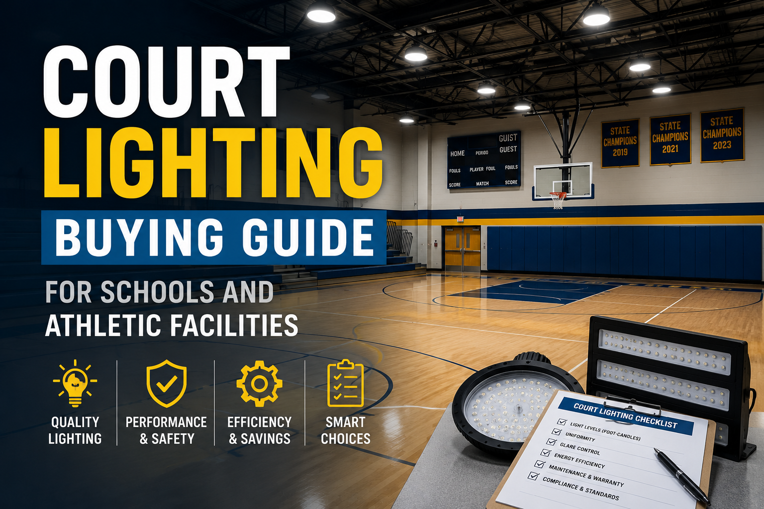 Court lighting buying guide cover image showing LED high-bay sports lighting installed in a modern school basketball gymnasium with hardwood court and institutional athletic setup.