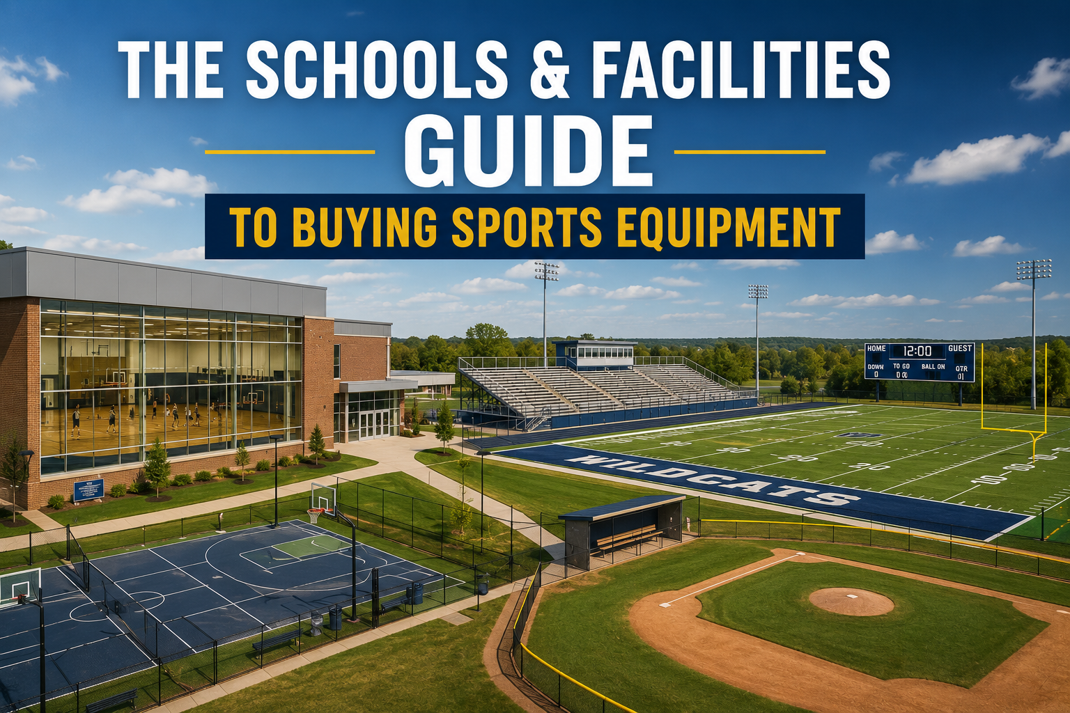 High school athletic complex with football stadium, indoor basketball gym, outdoor courts, and baseball field showing multi-sport facility setup.
