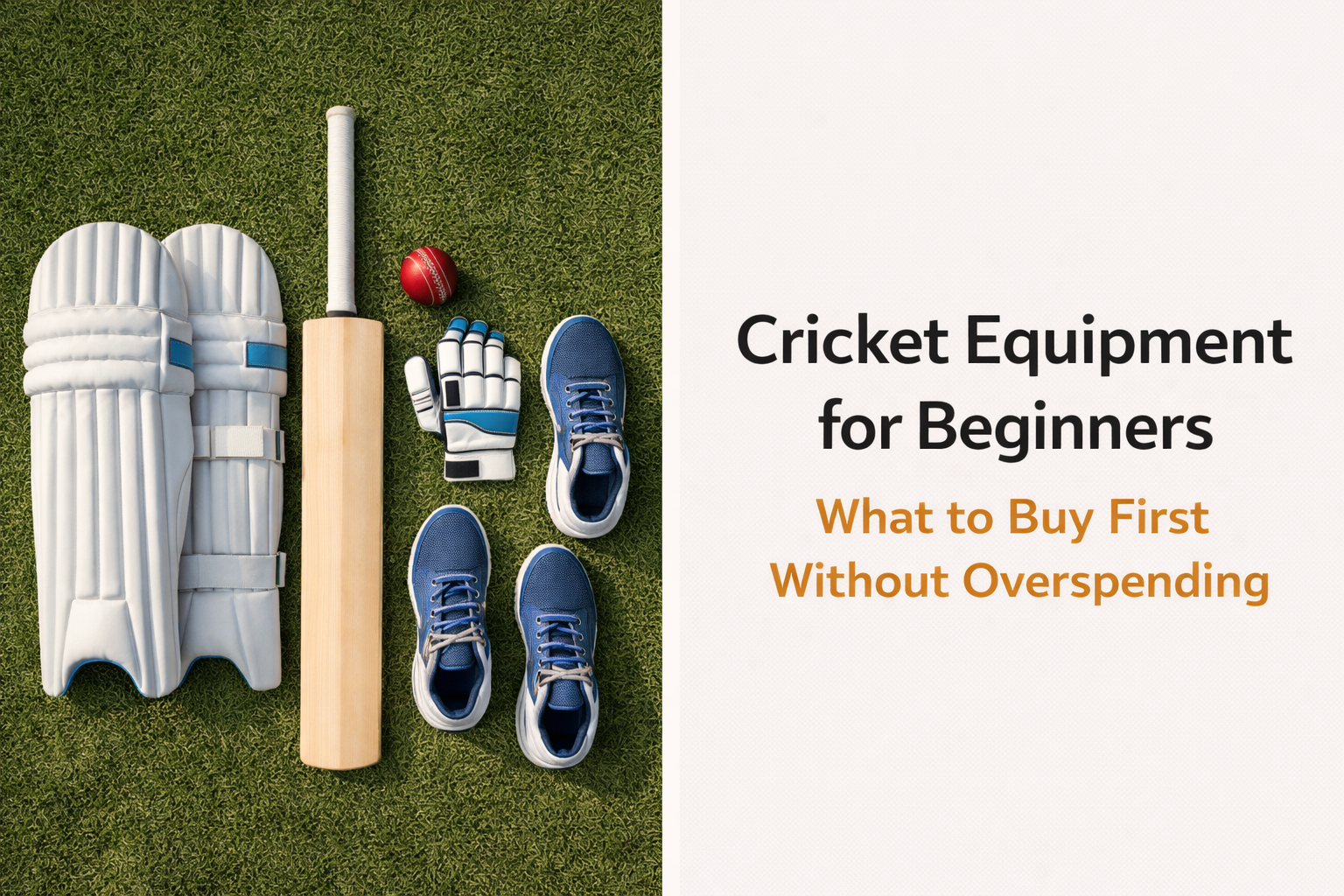 Beginner cricket equipment laid out on grass including bat, ball, batting pads, gloves, and shoes for entry-level players.