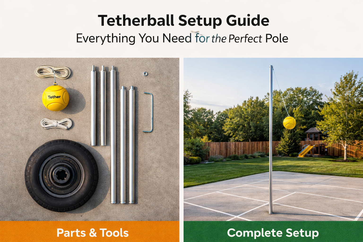 Tetherball setup showing all components including pole sections, rope, and ball alongside a fully installed tetherball pole in a backyard play area.