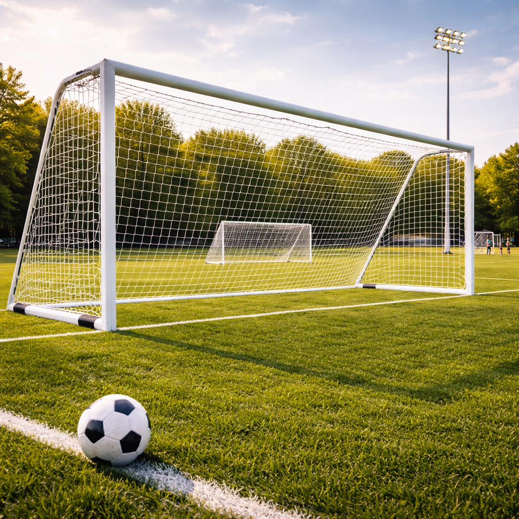 Professional full-size soccer goal with white frame and net installed on a regulation grass field under stadium lighting, focused on the product.