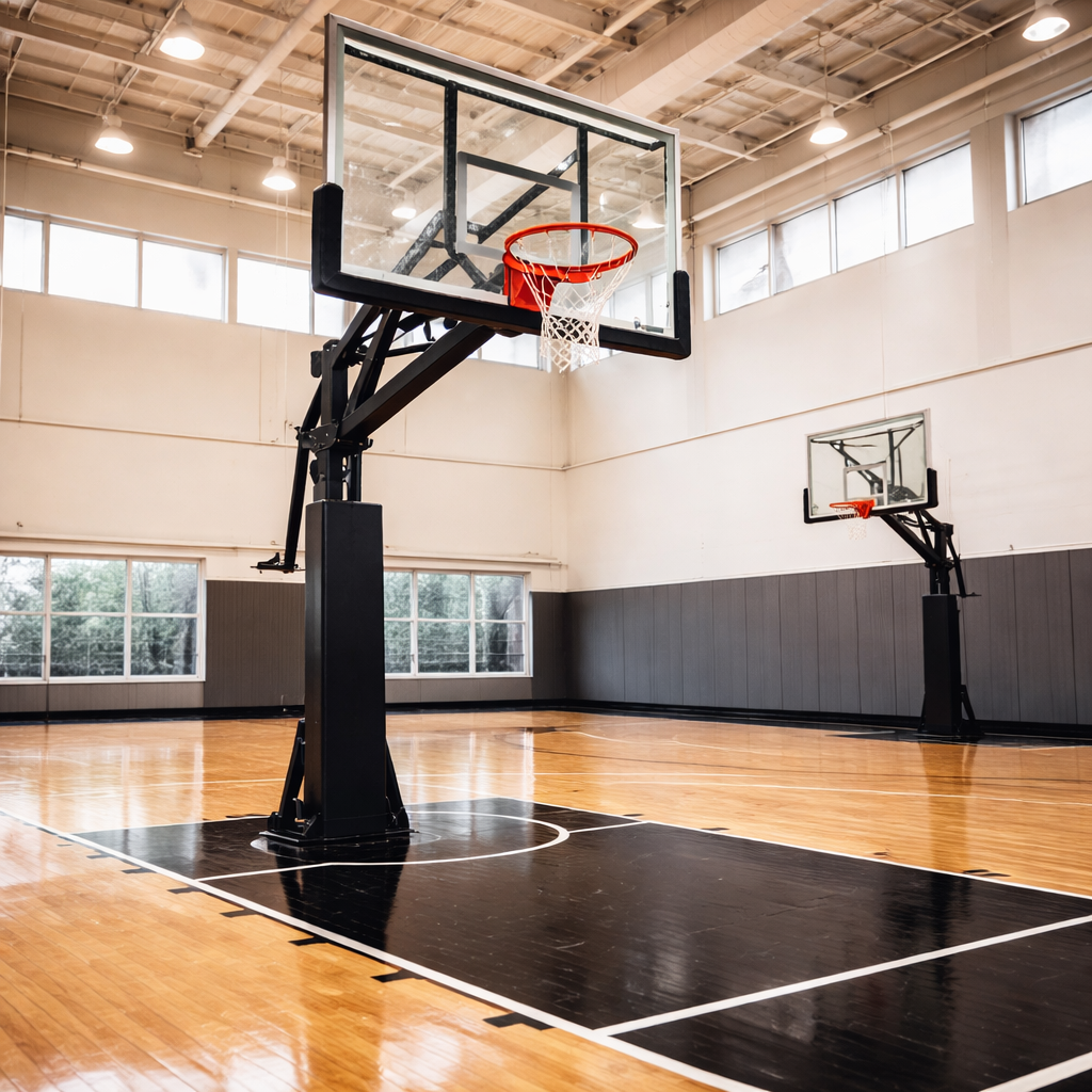 Professional indoor basketball court with two adjustable glass-backboard hoops, breakaway rims, and hardwood flooring in a modern gym setting.