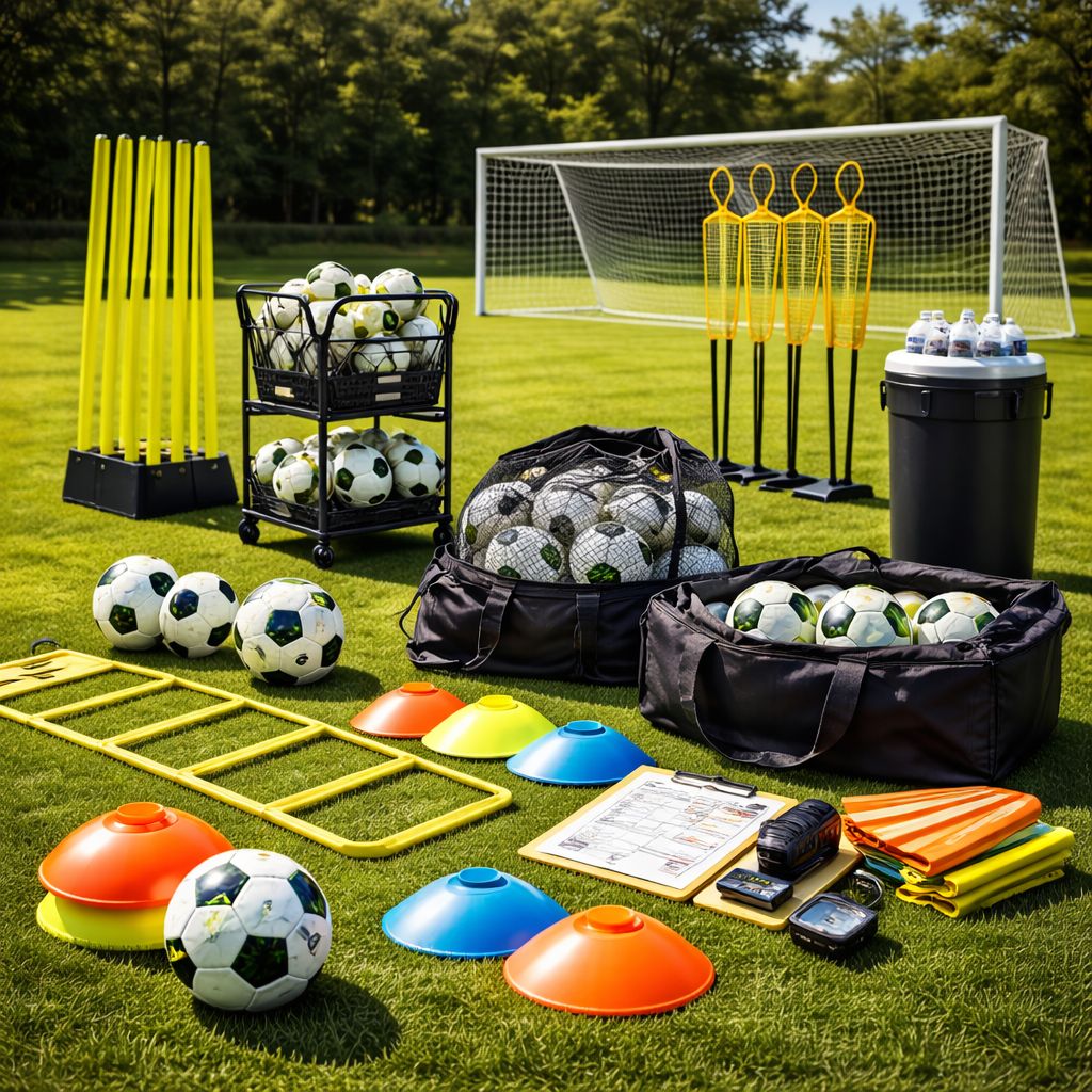 Alt text: Professional soccer training accessories arranged on a field, including cones, agility ladder, ball bags, training mannequins, and a goal in the background.