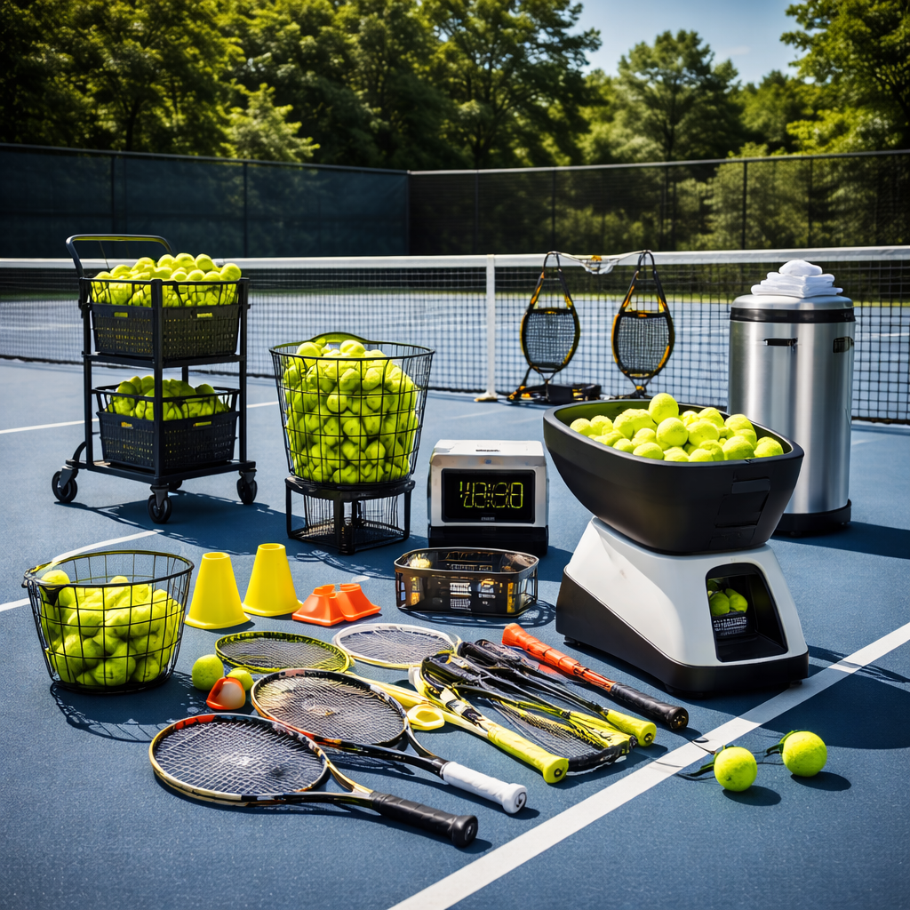 Professional tennis equipment arranged on a hardcourt, featuring rackets, ball machine, training cones, and baskets of tennis balls in a clean outdoor training environment.