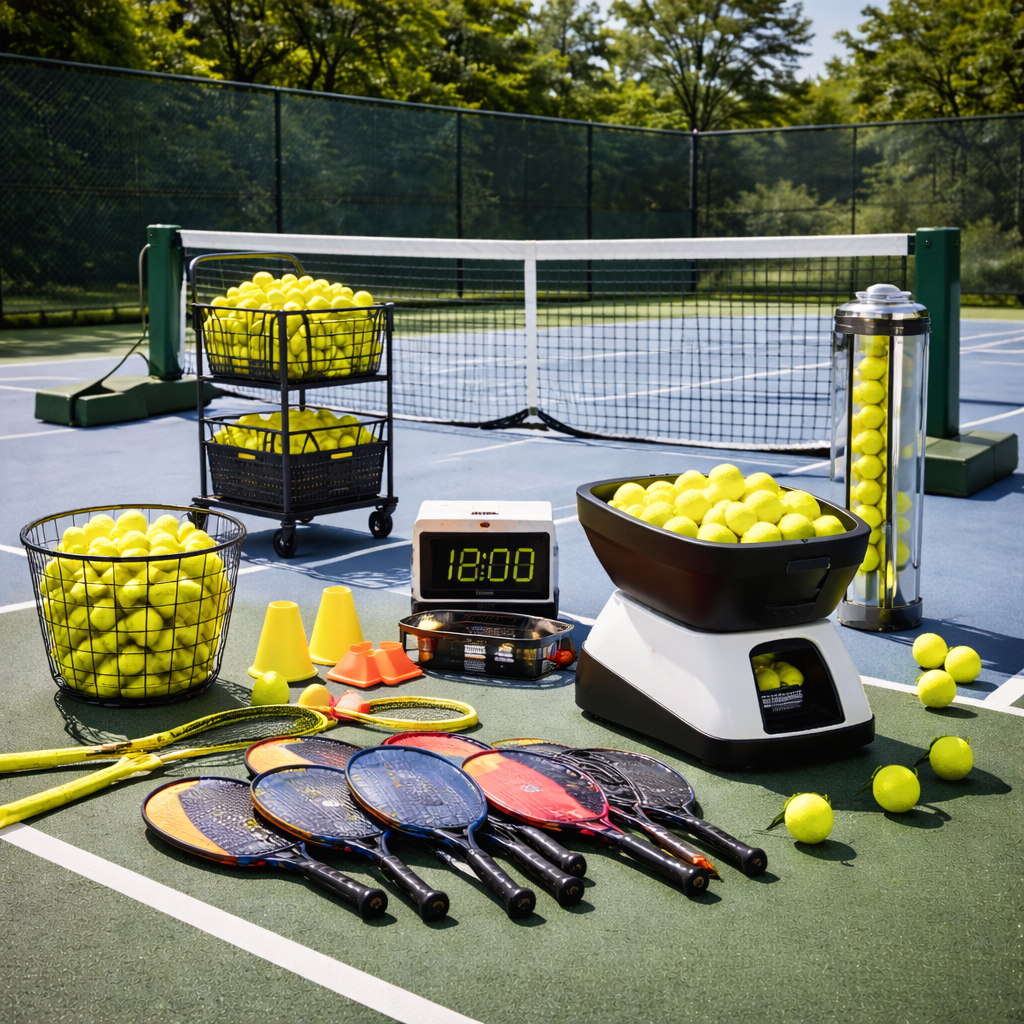 Pickleball equipment arranged on an outdoor court including paddles, ball machine, baskets of balls, and training accessories in a professional setting