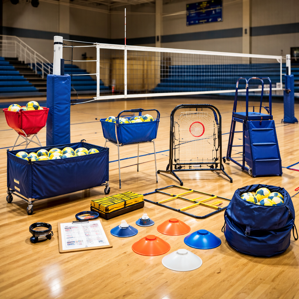 Professional indoor volleyball court setup featuring regulation net system, referee stand, training equipment, volleyball carts, and practice accessories arranged on hardwood gym flooring.