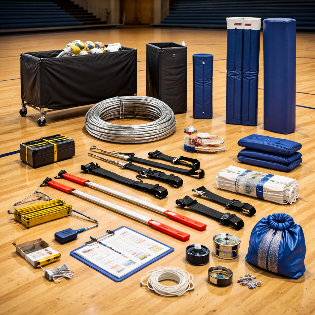 Volleyball accessories and replacement parts arranged on a gym floor, including net cables, antennas, padding, straps, boundary lines, and hardware components for court maintenance.