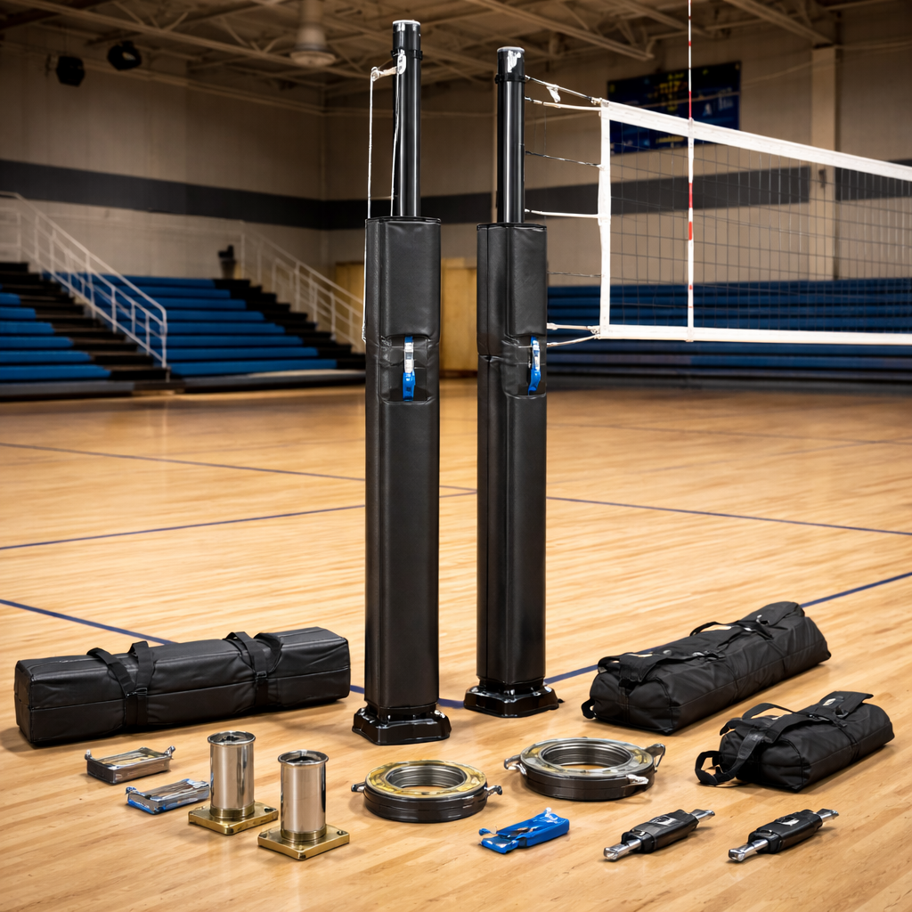 Carbon composite volleyball net posts with protective padding installed on an indoor gym court, with floor sleeves and hardware components arranged in front.