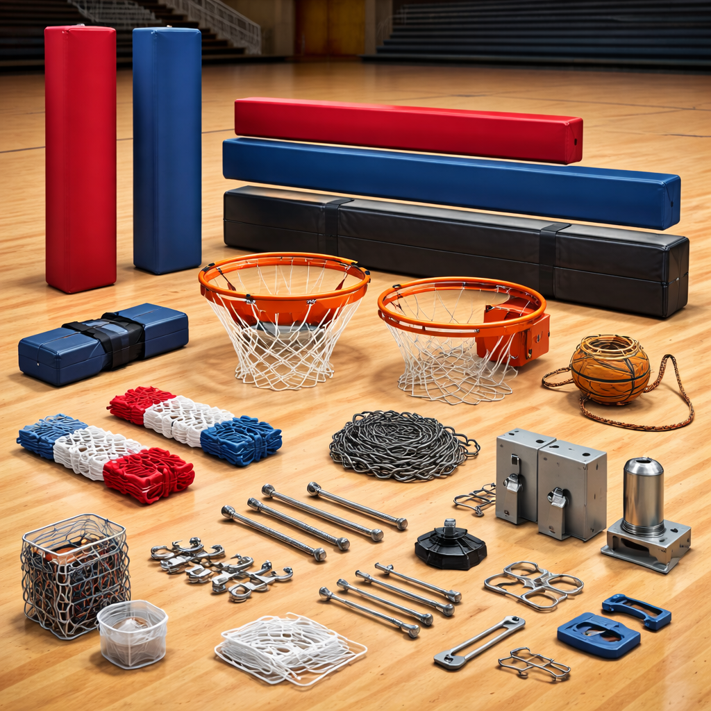 Professional basketball accessories arranged on an indoor gym court, including replacement rims, nets, backboard padding, anchor hardware, bolts, brackets, and mounting components.