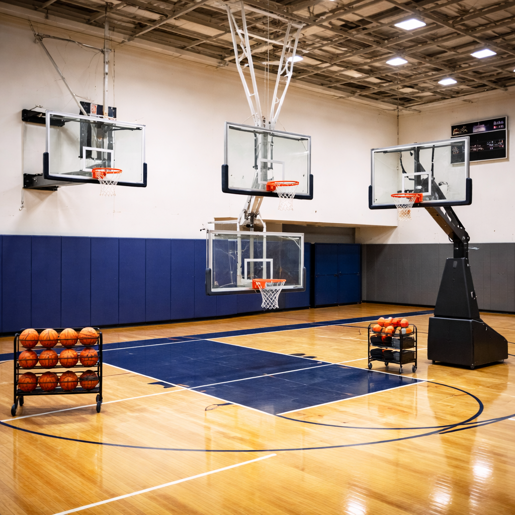 Indoor basketball equipment including wall-mount hoop system, tempered glass backboard, and composite game balls in a high school gymnasium for NFHS competition
