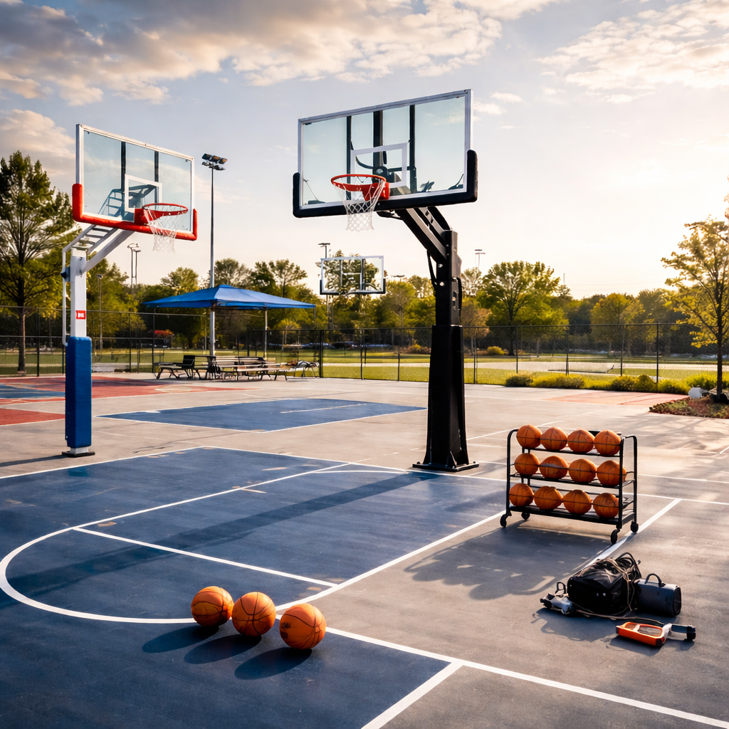 Professional outdoor basketball court featuring two heavy-duty in-ground hoops with tempered glass backboards, breakaway rims, a ball rack with basketballs, and training equipment arranged on a blue and gray park court under warm evening light.