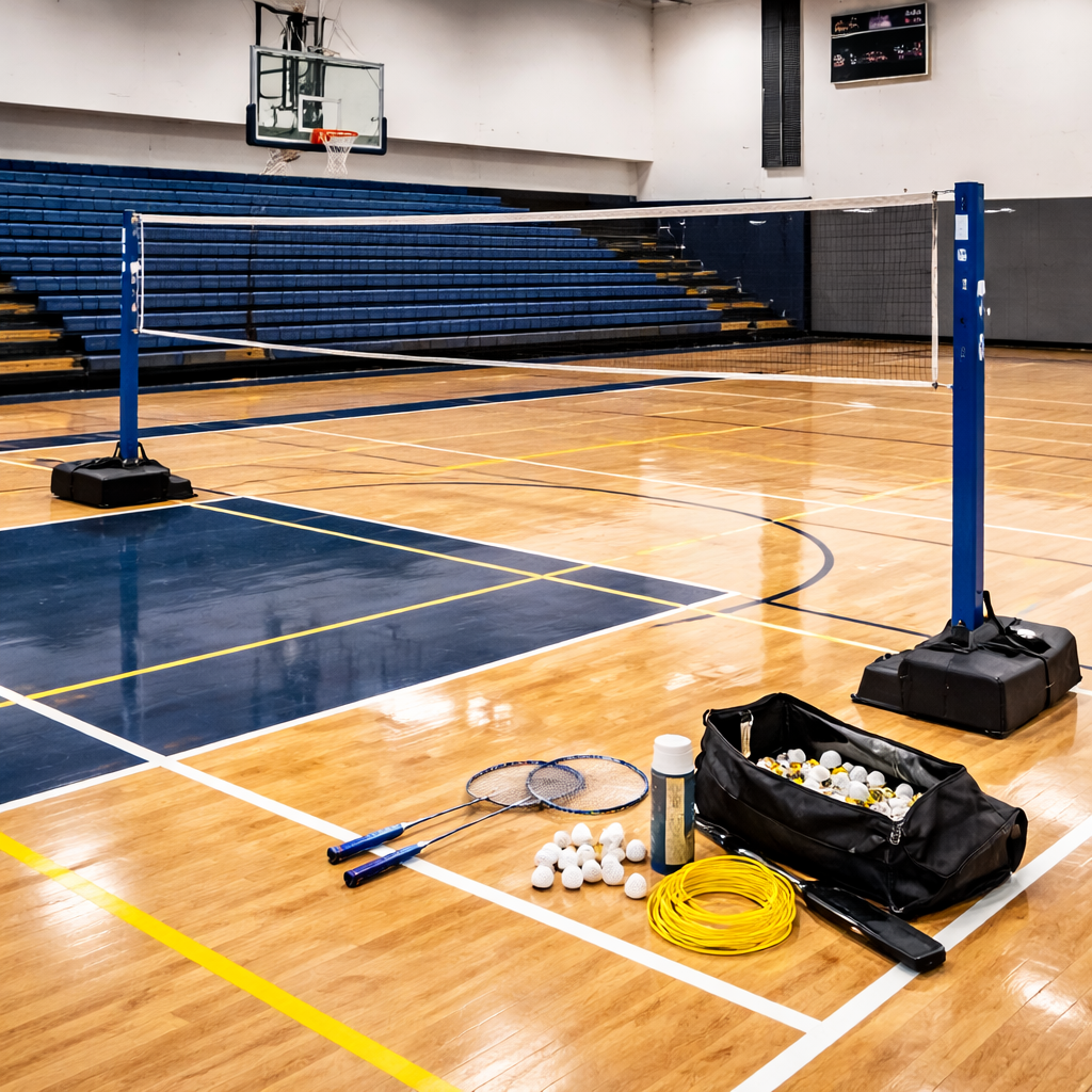 Professional indoor badminton court featuring a regulation net system with weighted portable posts, hardwood gym flooring, badminton rackets, shuttlecocks, and equipment bag arranged in the foreground under bright arena lighting.