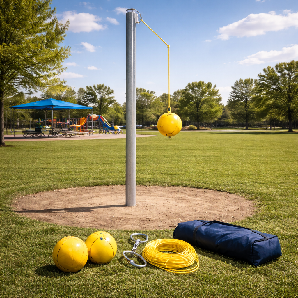 Heavy-duty in-ground tetherball pole installed on a playground field with a commercial-grade tetherball attached, replacement balls, rope, and swivel hardware displayed in the foreground under bright outdoor lighting.