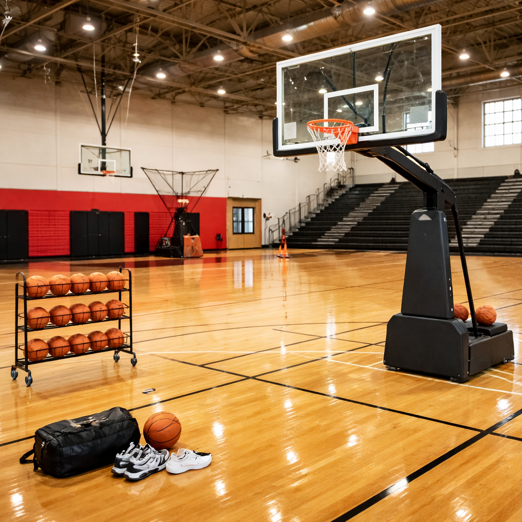 Indoor basketball court featuring a portable hoop with clear backboard and breakaway rim, polished wooden floor, ball rack, and training equipment in a spacious gymnasium.