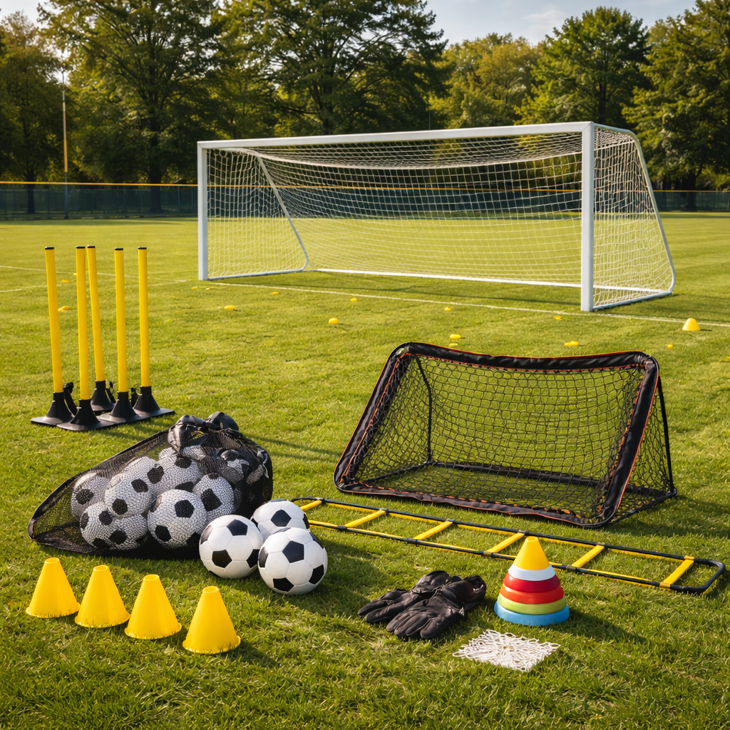 High-resolution image of a soccer training field with full-size goal, mini goal, soccer balls, cones, agility ladder, and practice equipment arranged on green grass under clear daylight.