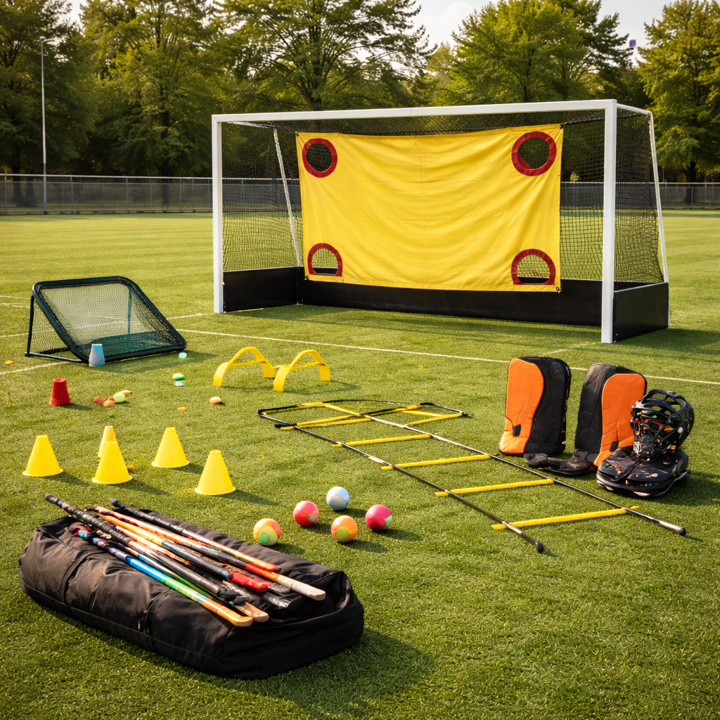 Field hockey training equipment arranged on an outdoor turf field with goal, target net, sticks, balls, agility ladder, cones, and protective gear under clear daylight.