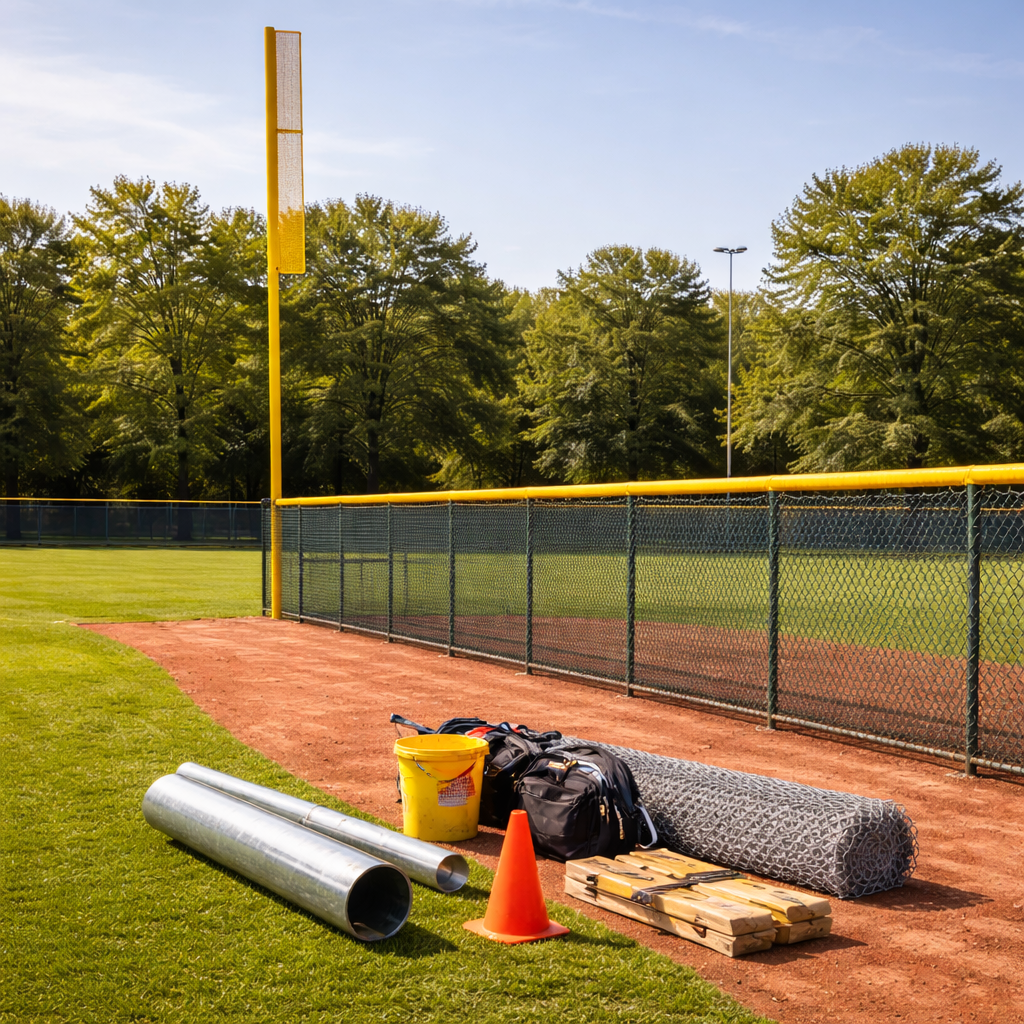 Yellow baseball foul pole beside outfield fence on a professional grass field with installation tools and materials placed along the warning track at a stadium.