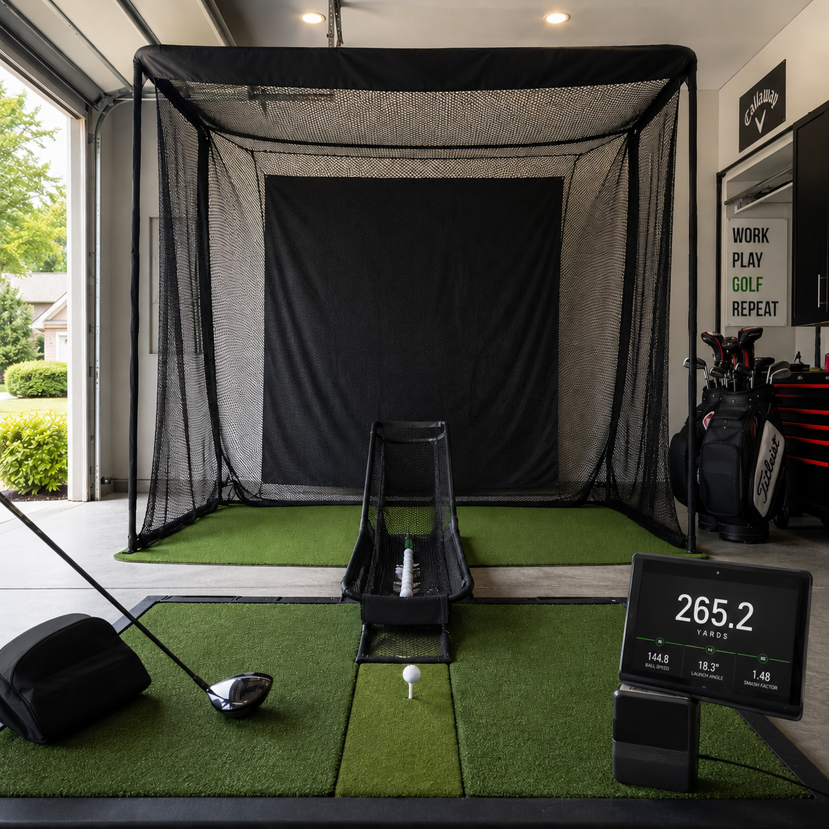 Golf hitting net with automatic ball return set up in a home garage showing The Net Return Pro Series large format netting for full swing driver practice and launch monitor use.
