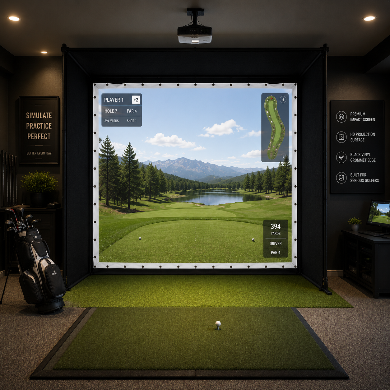 Golf impact screen installed in a home simulator enclosure showing white premium fabric surface with black vinyl grommet edge finish for HD projector course simulation.