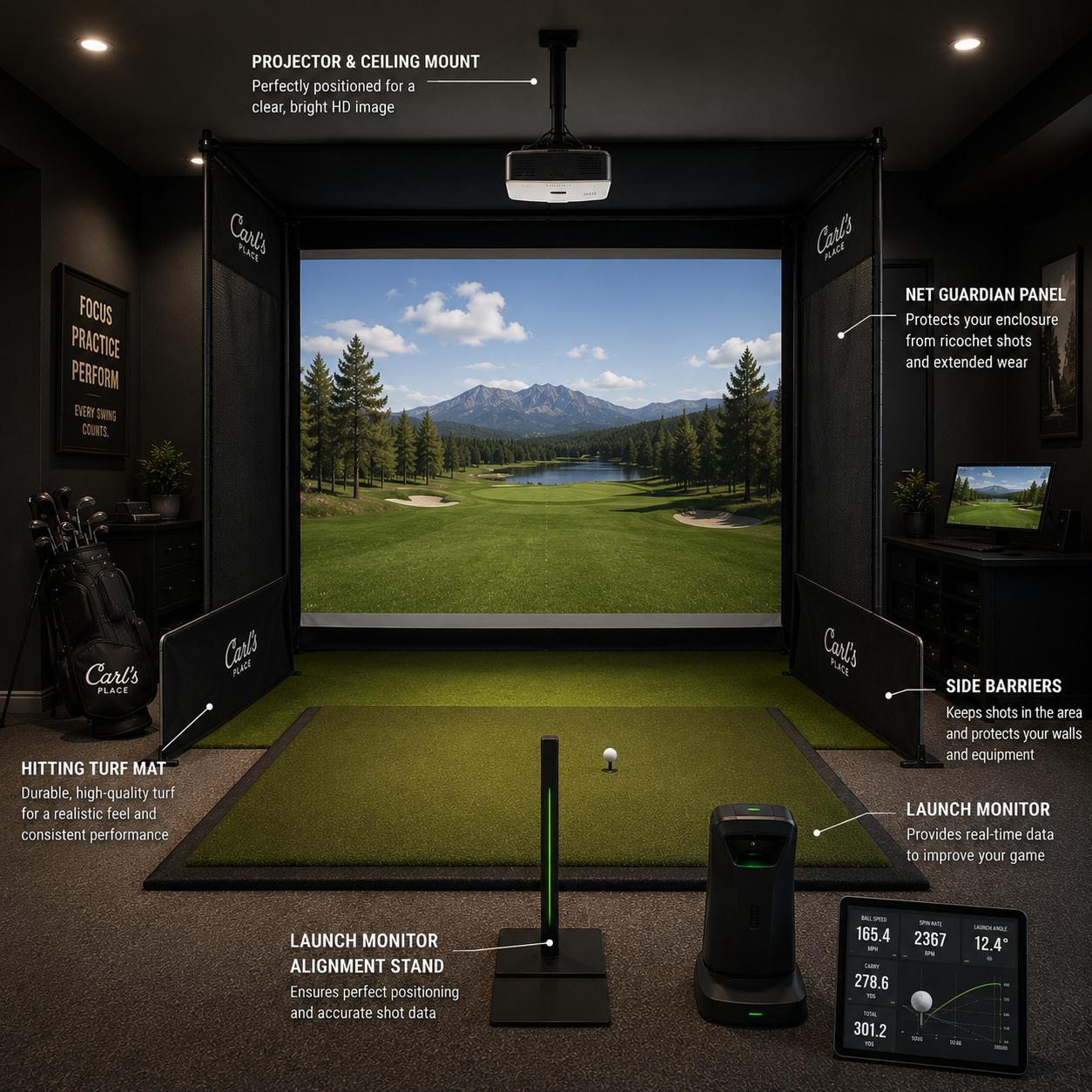 Golf accessories including hitting turf mat, side barriers, projector ceiling mount, net guardian panel, and launch monitor alignment stand for a complete indoor golf simulator practice bay.