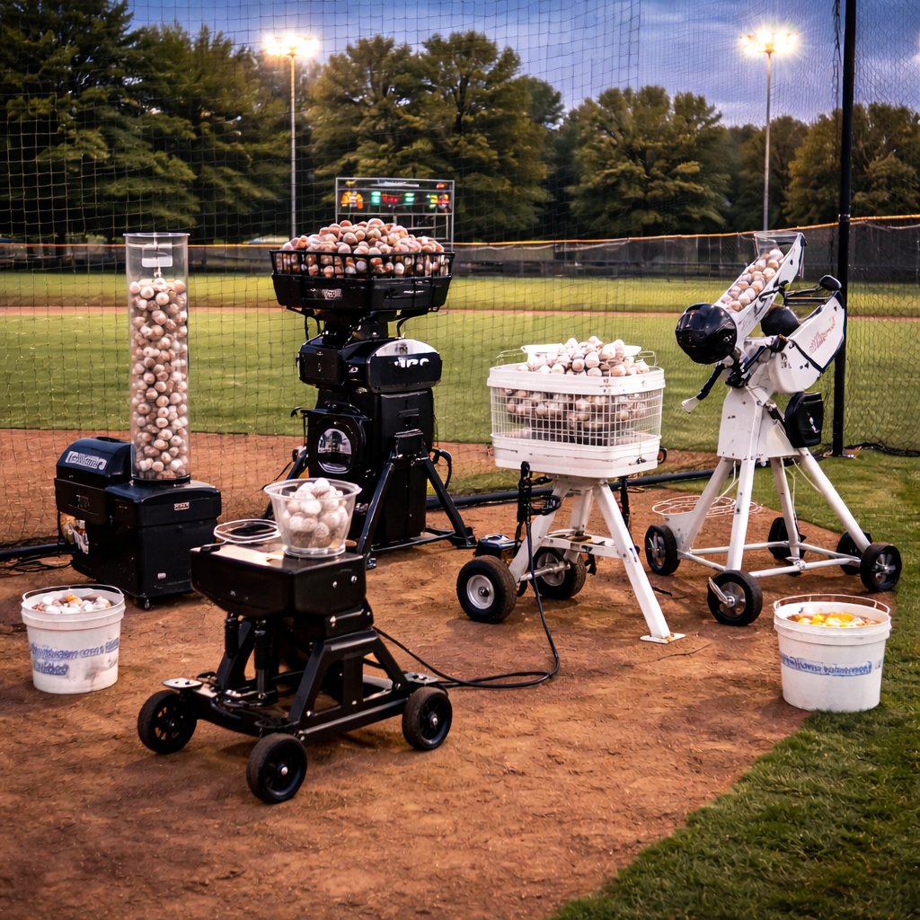 Automatic baseball and softball feeder machine loaded with baseballs mounted adjacent to a pitching machine inside a batting cage for team batting practice