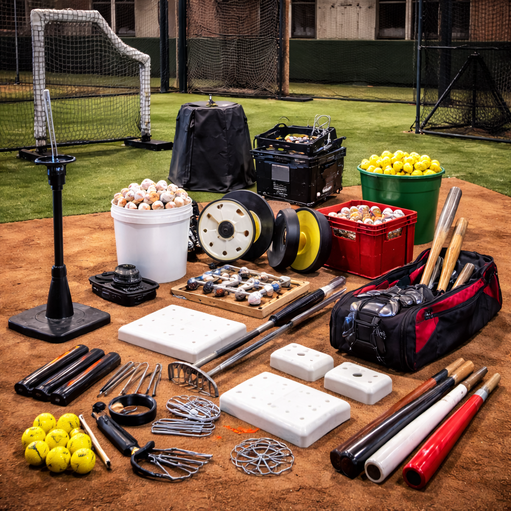 Assorted baseball accessories and training equipment including batting tees, baseball buckets, bases, pitching machine parts, bats, and field maintenance tools arranged inside an indoor batting cage.