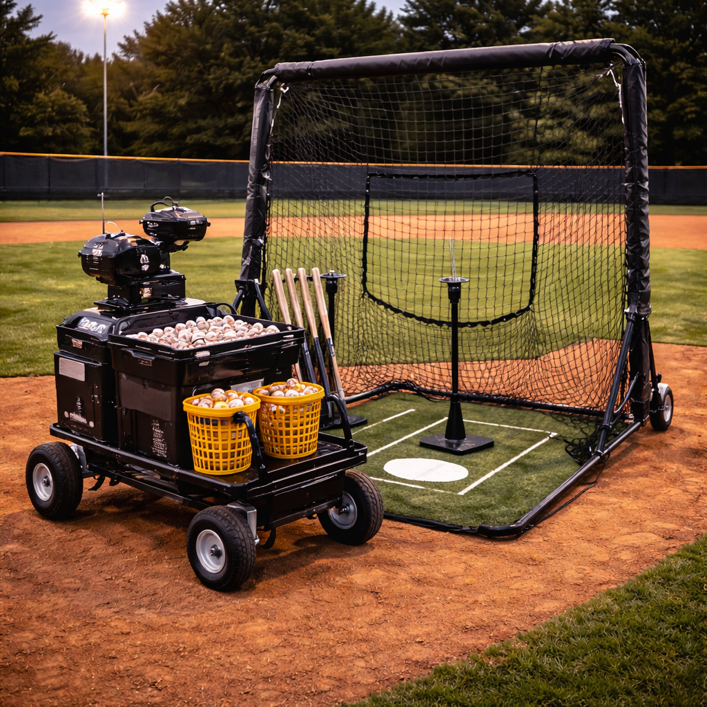 Portable baseball hitting station with pitching machine, batting net, tee, and ball carts set up on a professional baseball field for team batting practice.