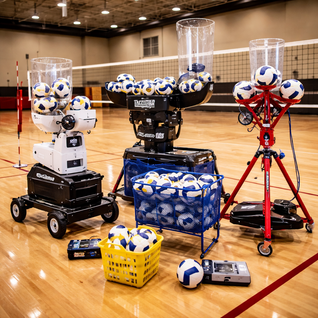 Professional volleyball training machines with ball feeders and carts set up on an indoor volleyball court for serving and passing drills.