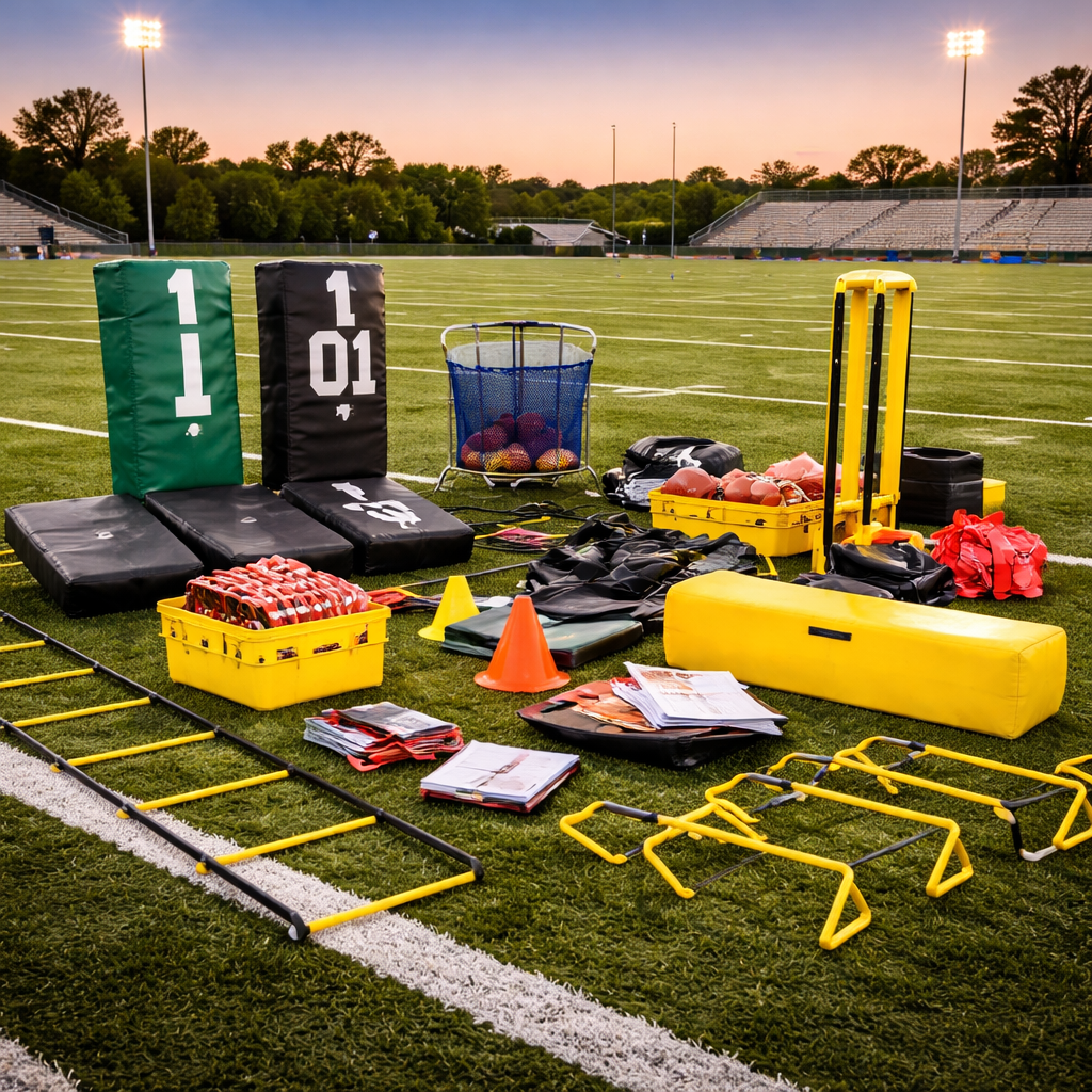 Football training accessories including tackling pads, agility ladders, cones, hurdles, and coaching gear arranged on a football field at sunset.