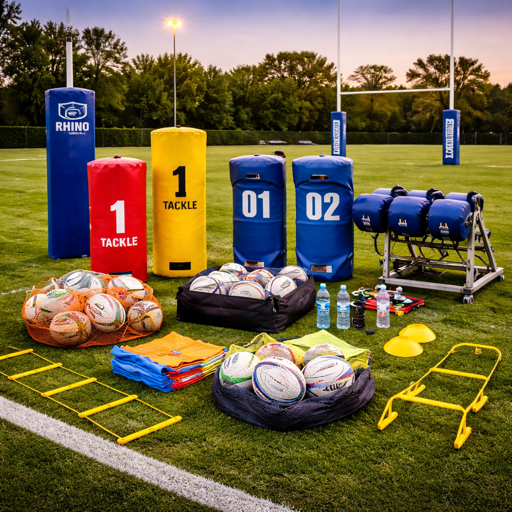 Rugby training equipment including tackle bags, scrum machine, agility ladders, cones, and rugby balls arranged on a grass field with goalposts in the background.