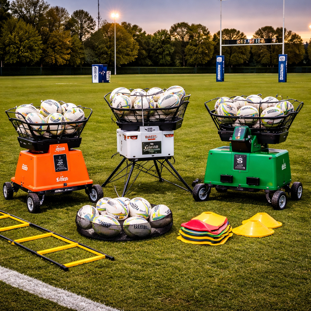 Rugby scrum machine with padded engagement positions and steel skid base on an outdoor grass training field for forward pack scrummaging practice