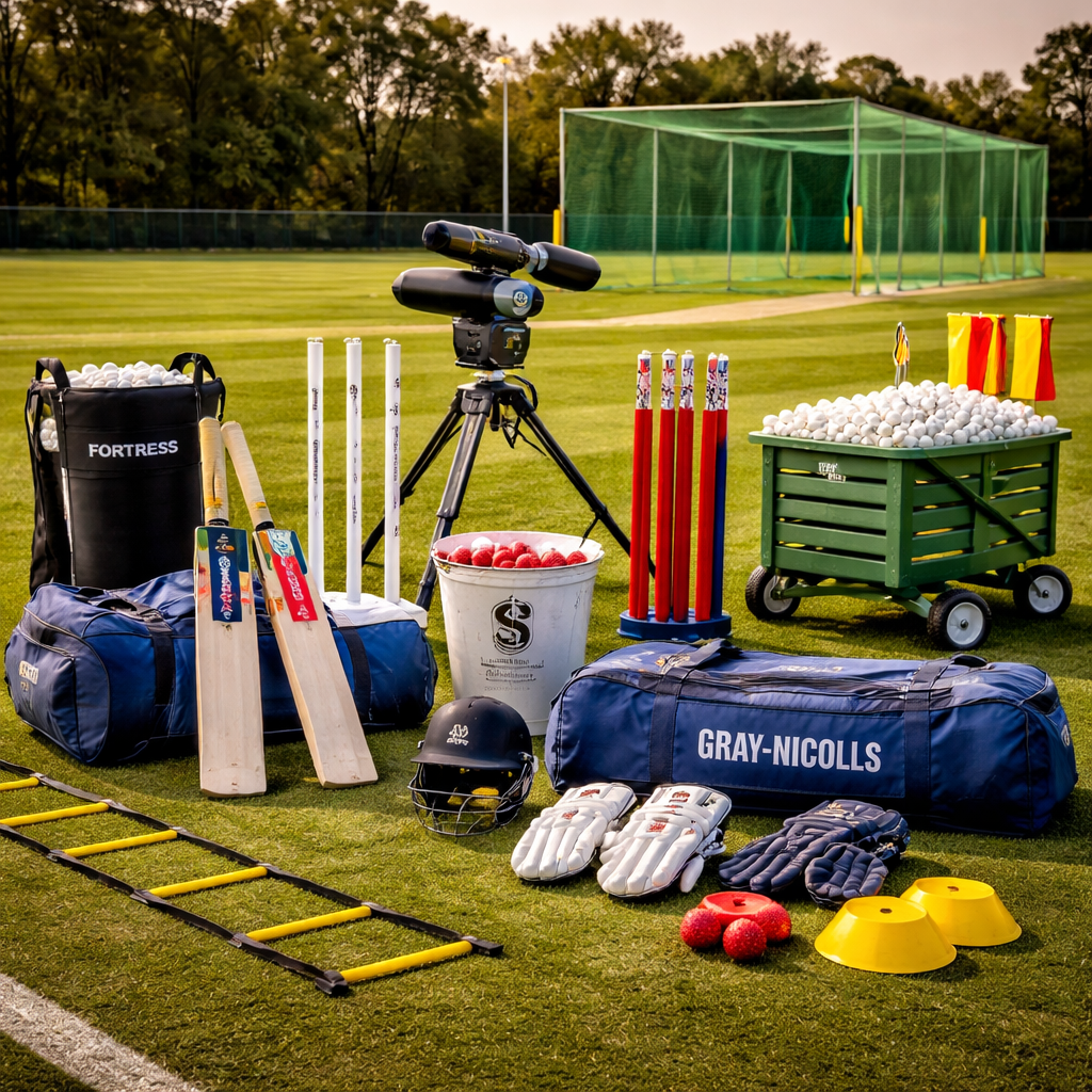 Cricket equipment including batting nets, bowling machine, cricket bats, protective gear, leather balls, and stumps set up for a club cricket training session
