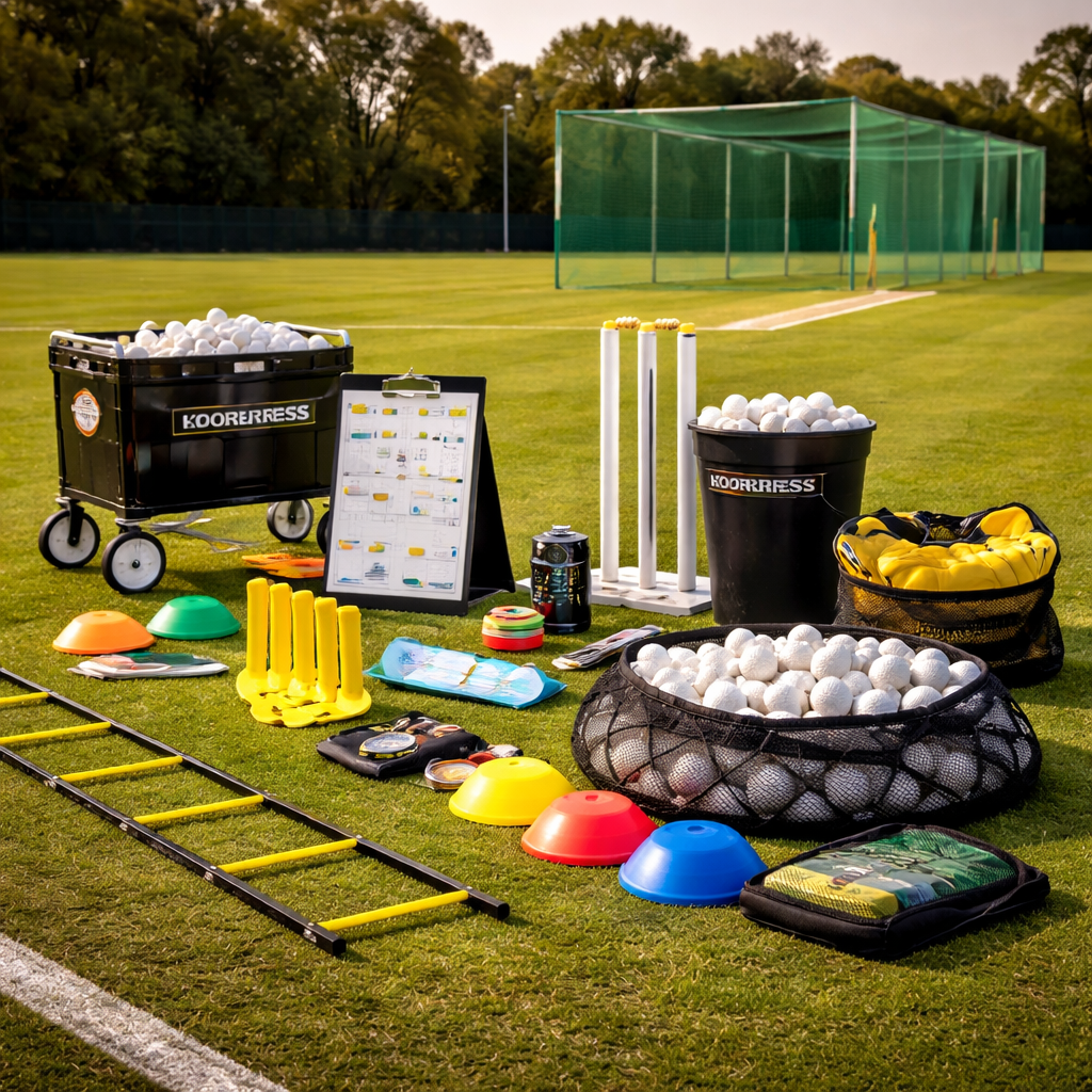 Cricket accessories including batting pads, gloves, helmet, Kashmir willow bat, leather cricket balls, and stumps set up for a club cricket training session