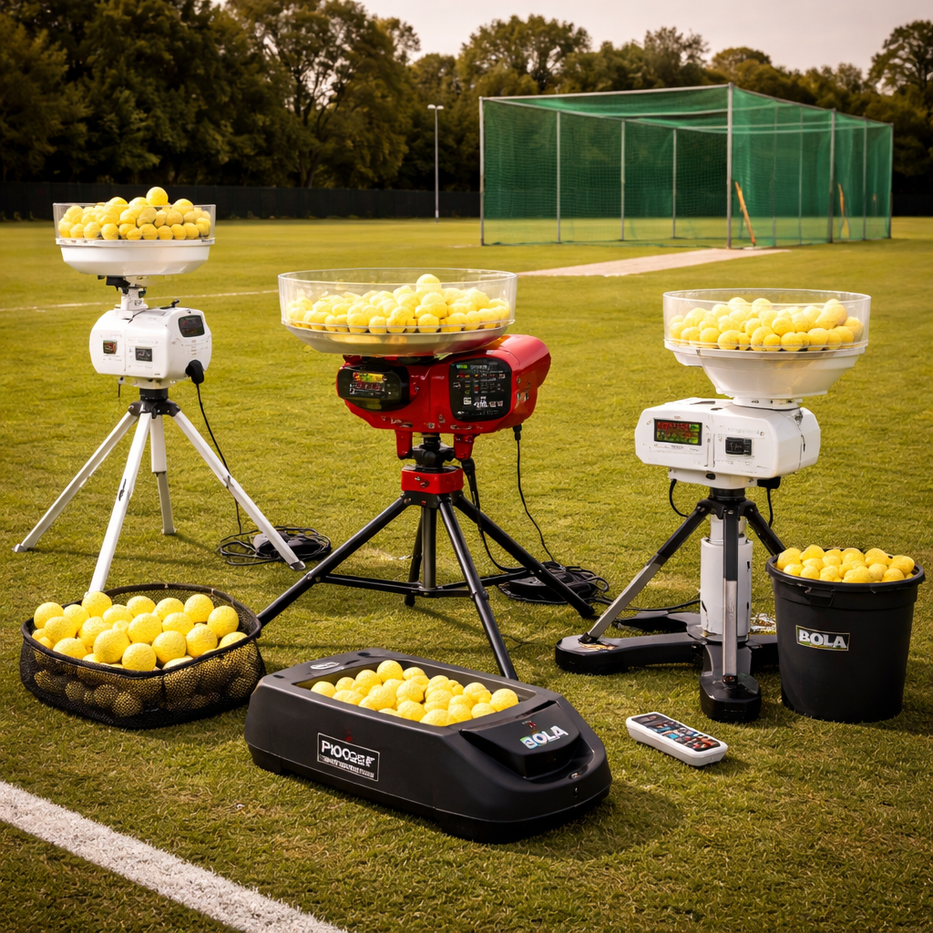 Cricket bowling machine with automatic ball feeder set up in an indoor cricket net for batting practice simulating pace and spin deliveries