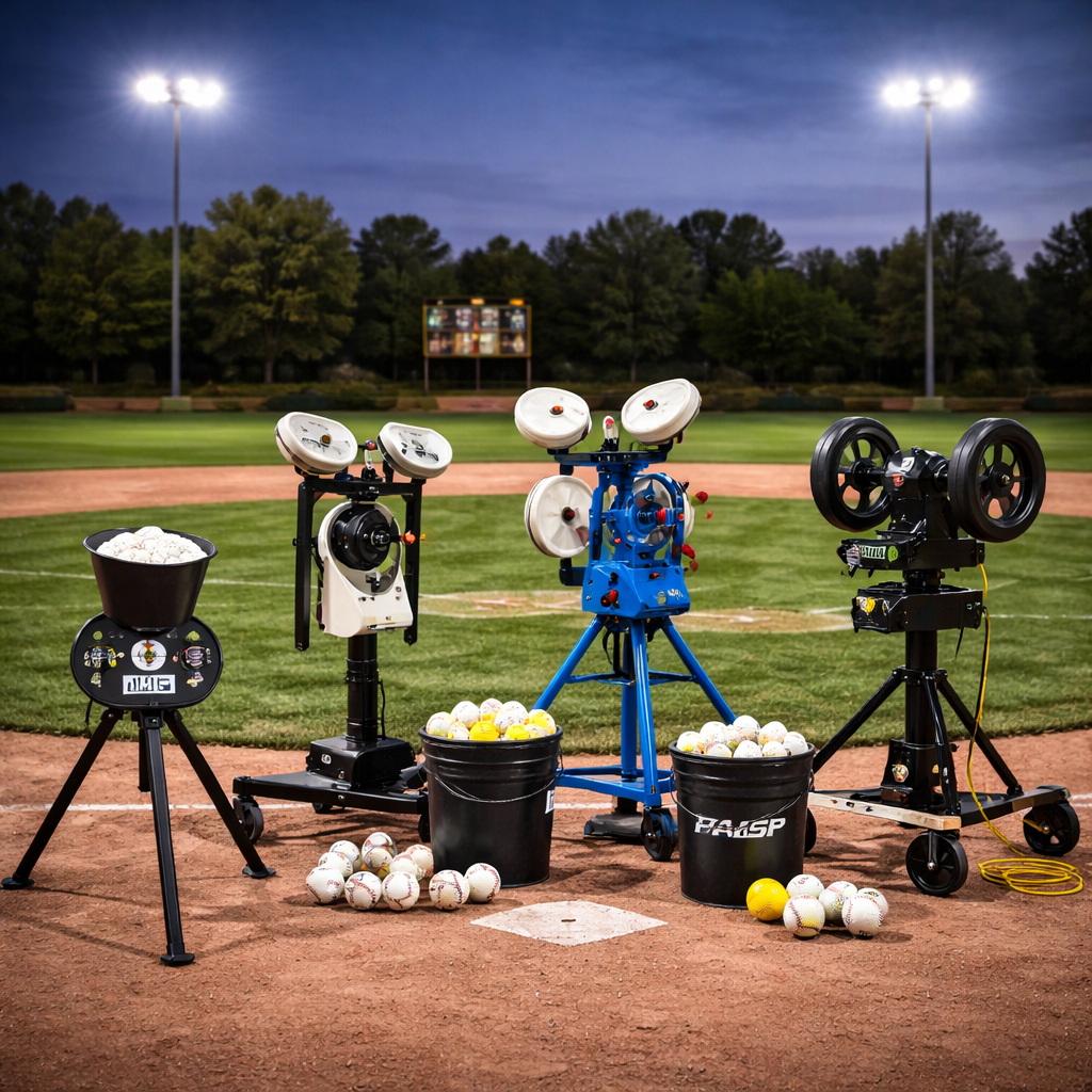 Professional baseball pitching machines positioned on a baseball field near home plate with practice balls and stadium lights in the background.
