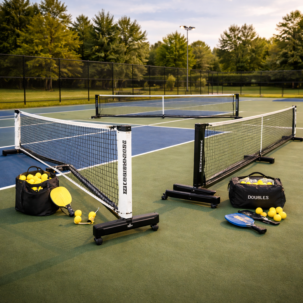Portable and permanent pickleball net systems set up on an outdoor pickleball court with paddles and pickleballs placed nearby.