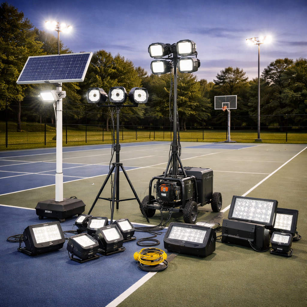 Outdoor sports court lighting systems including LED floodlights, portable light towers, and solar-powered court lights installed beside a basketball court at dusk.